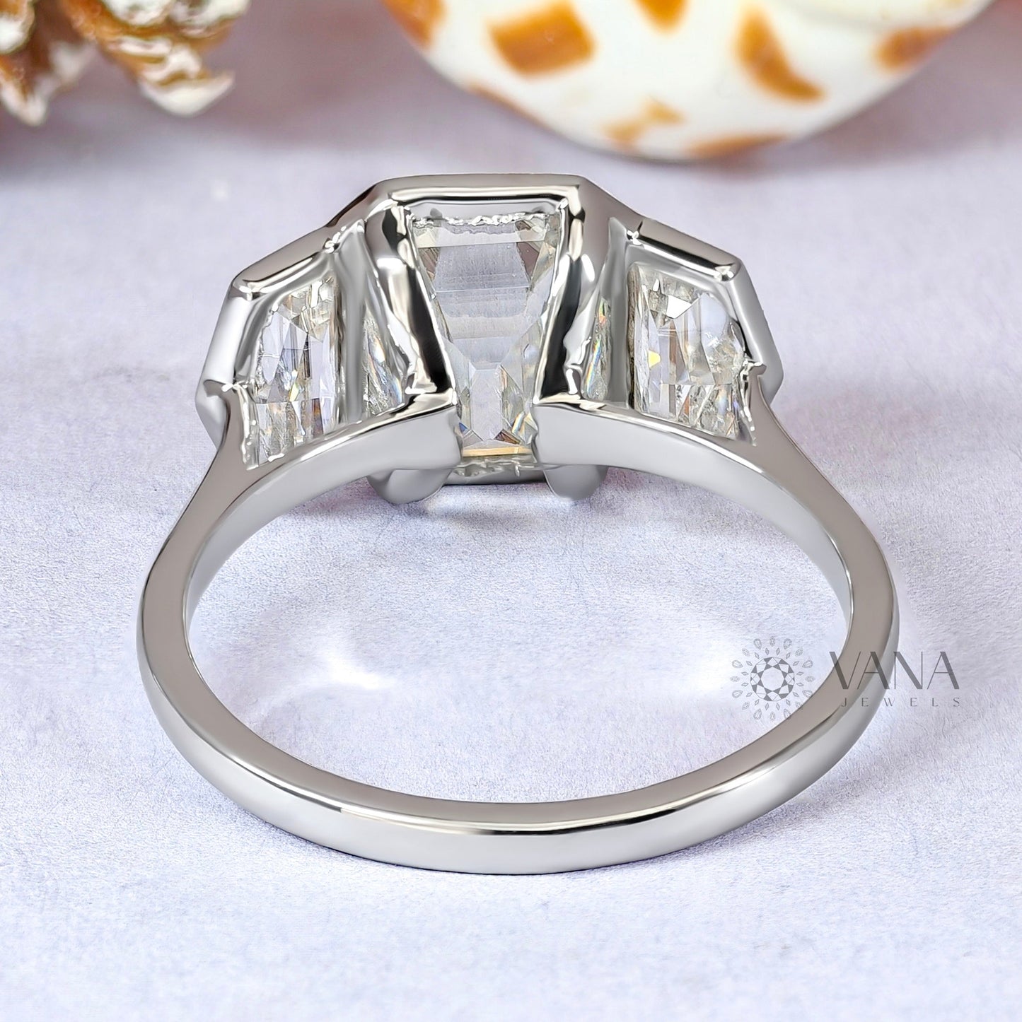 Bezel Set Emerald Cut Moissanite Three Stone Engagement Ring with Cadillac Side Stones