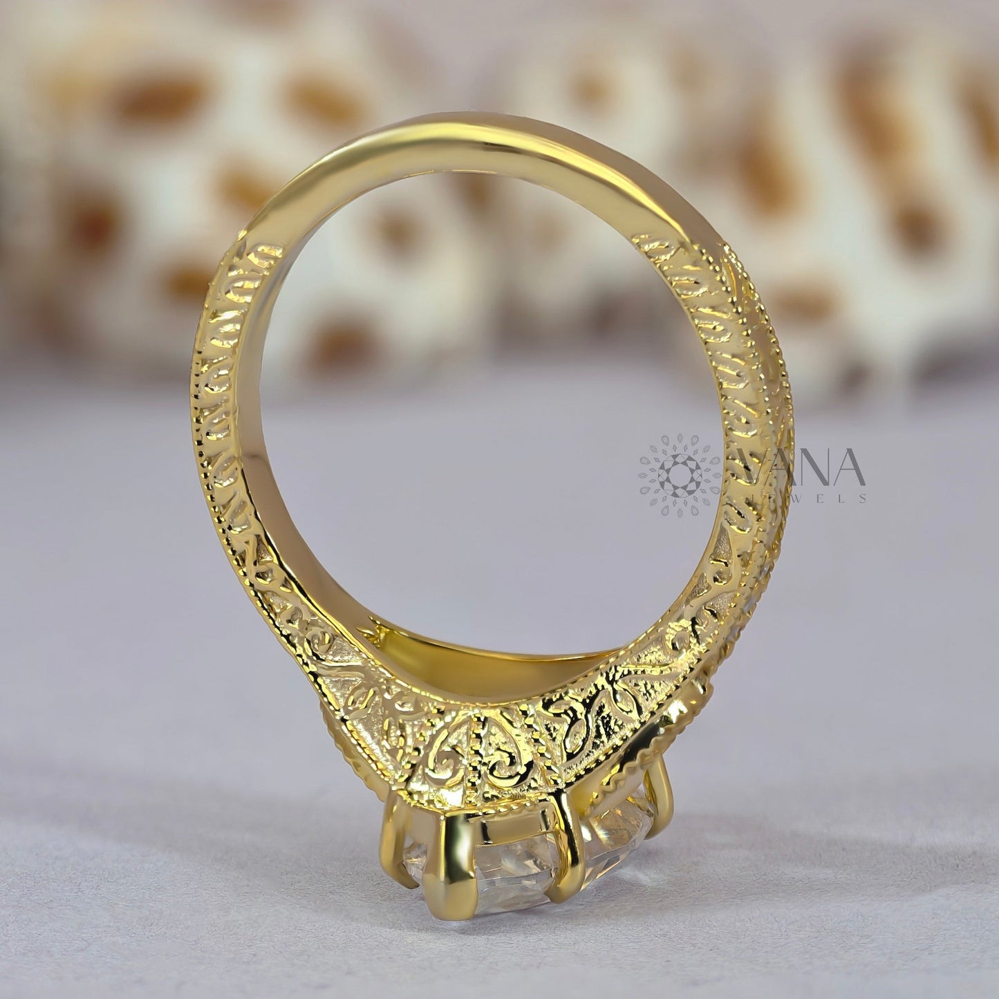 Victorian Marquise cut Moissanite Engagement Ring in Solid Gold Engraved Wedding Ring