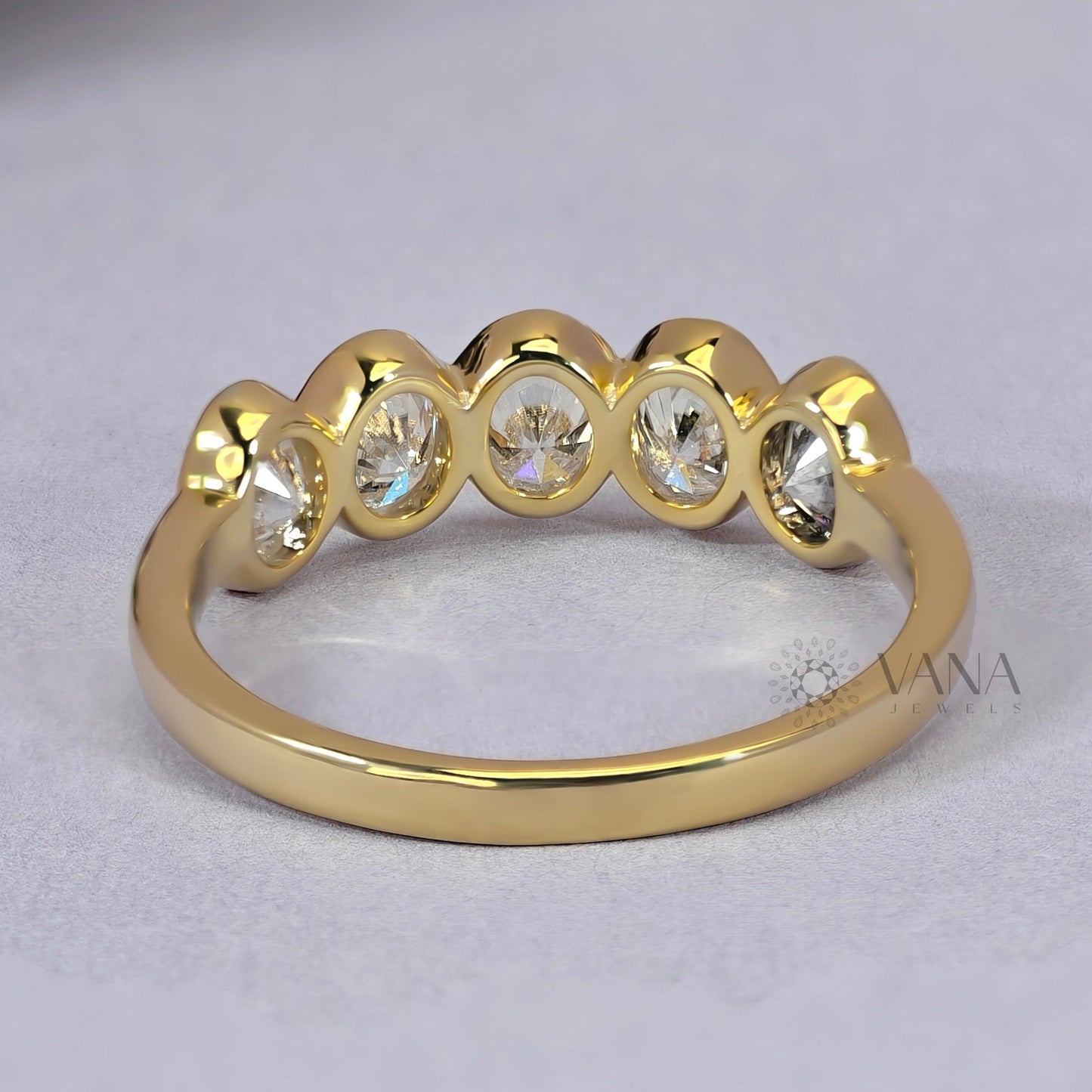 Bezel Set Oval Moissanite Wedding Band, 14K Yellow Gold Stackable Ring