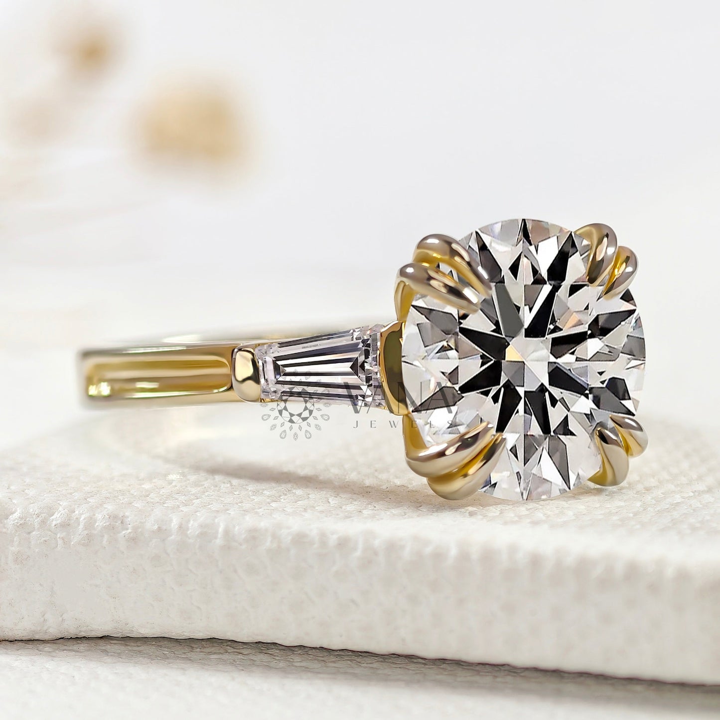 Round Lab-Grown Diamond Three Stone Engagement Ring with Tapered Baguette Sides