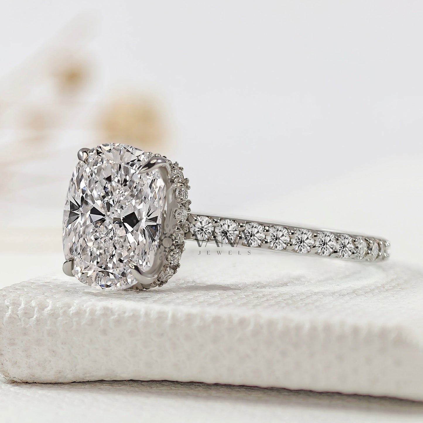 Elongated Cushion Cut Lab-Grown Diamond Engagement Ring with Hidden Halo