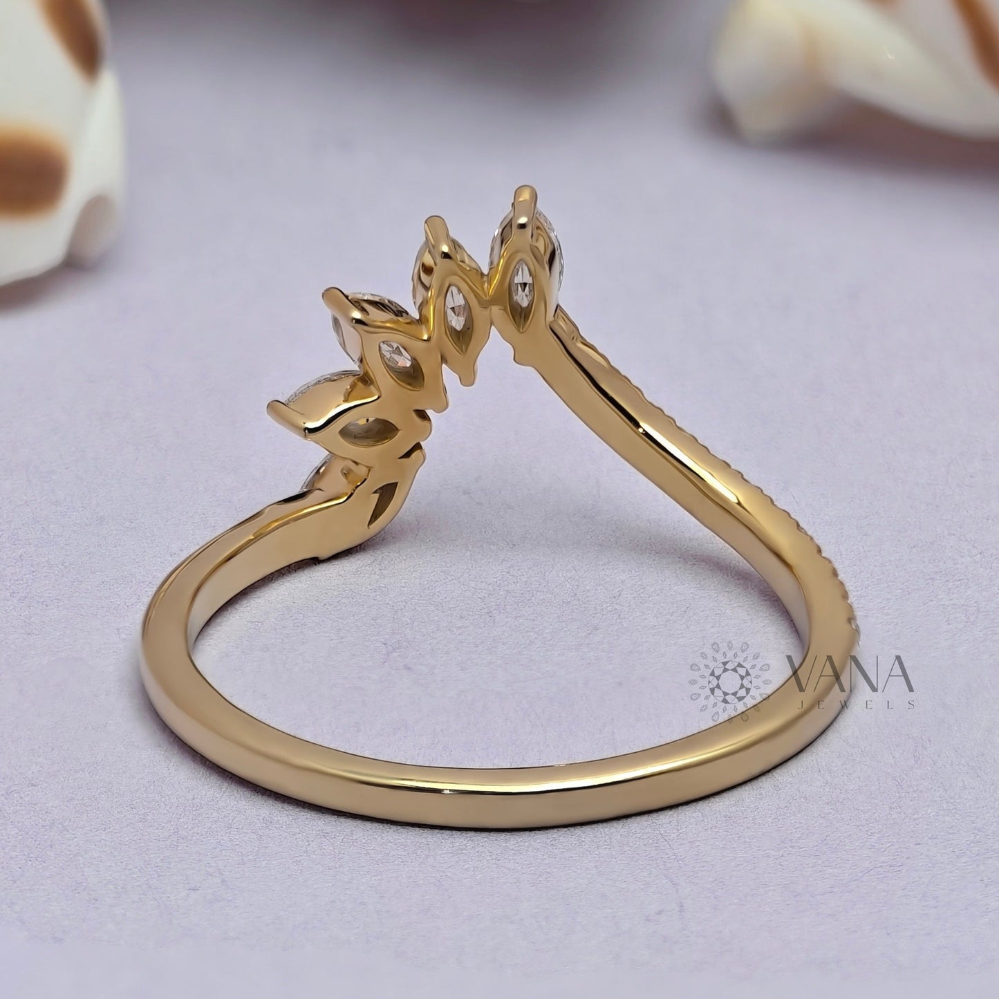 Curved Tiara Wedding Band, Marquise and Round Cut Moissanite Chevron Ring