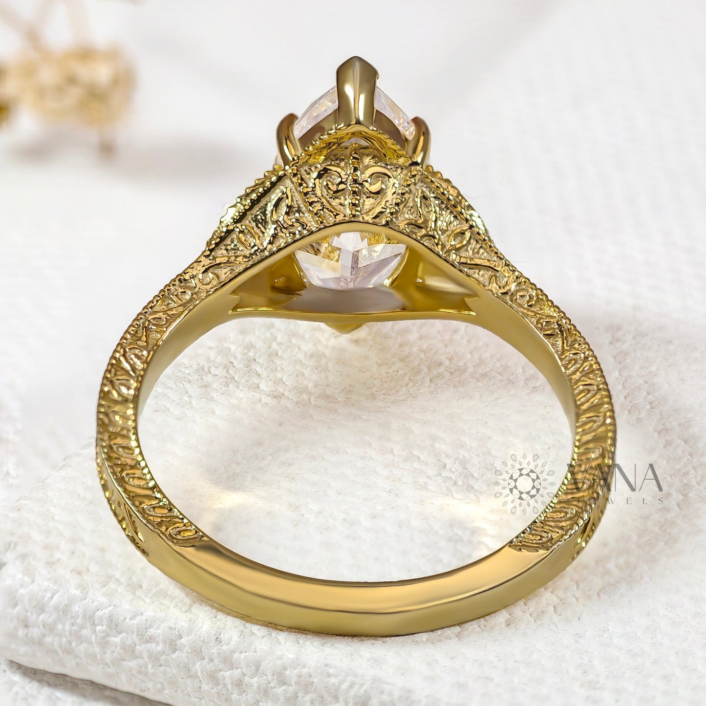 Marquise Cut Lab-Grown Diamond Engagement Ring, Yellow Gold Art Deco Cluster Setting