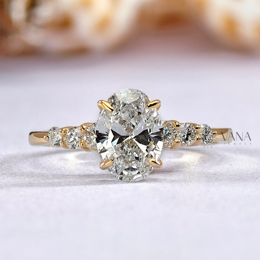 Oval Moissanite Engagement Ring with Round Side Stone Wedding Ring