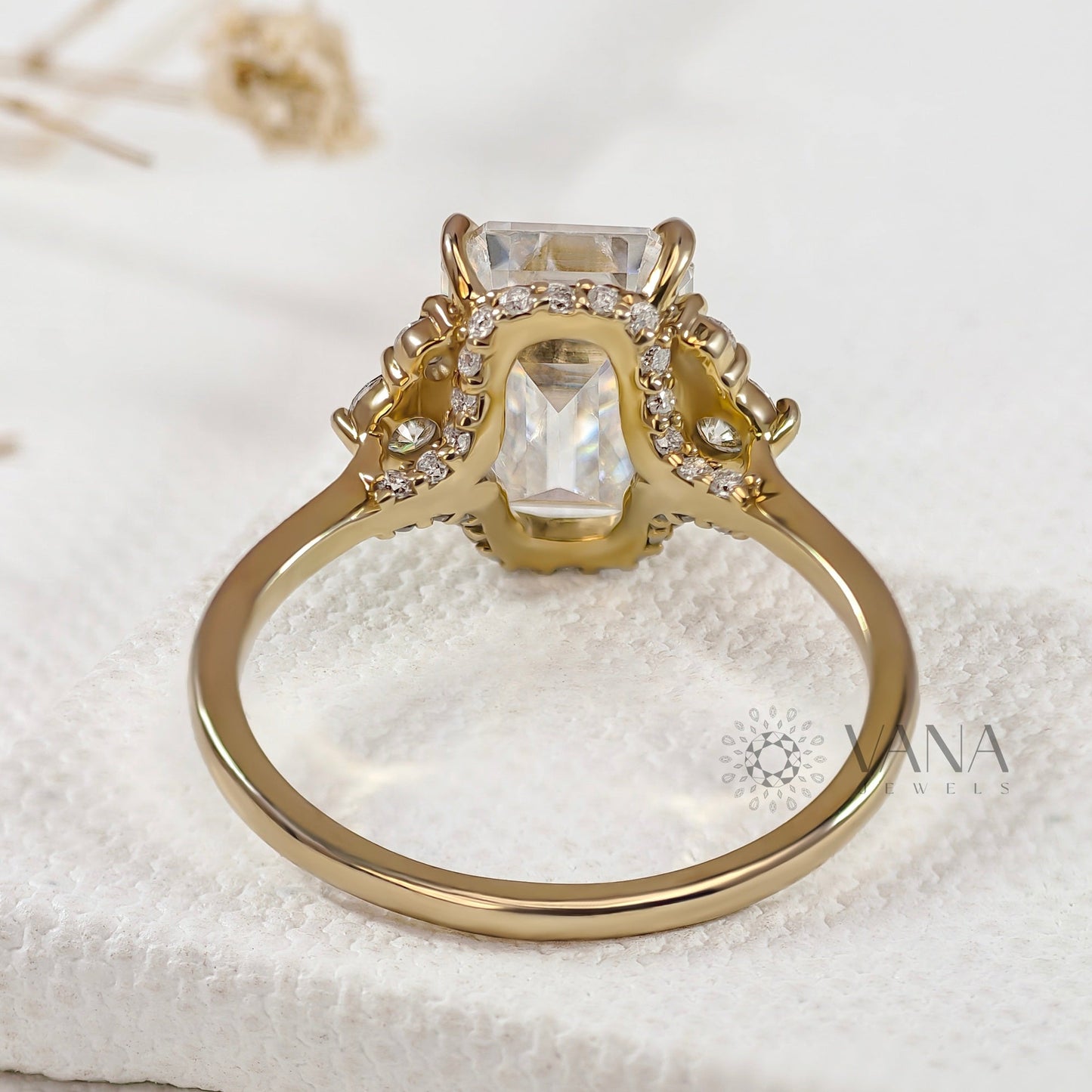 Emerald Cut Lab-Grown Diamond Engagement Ring, Seven Stone Cluster Ring
