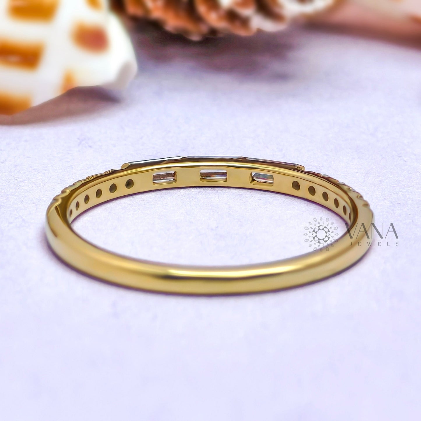 Baguette and Round Cut Moissanite Stackable Wedding Band in Gold