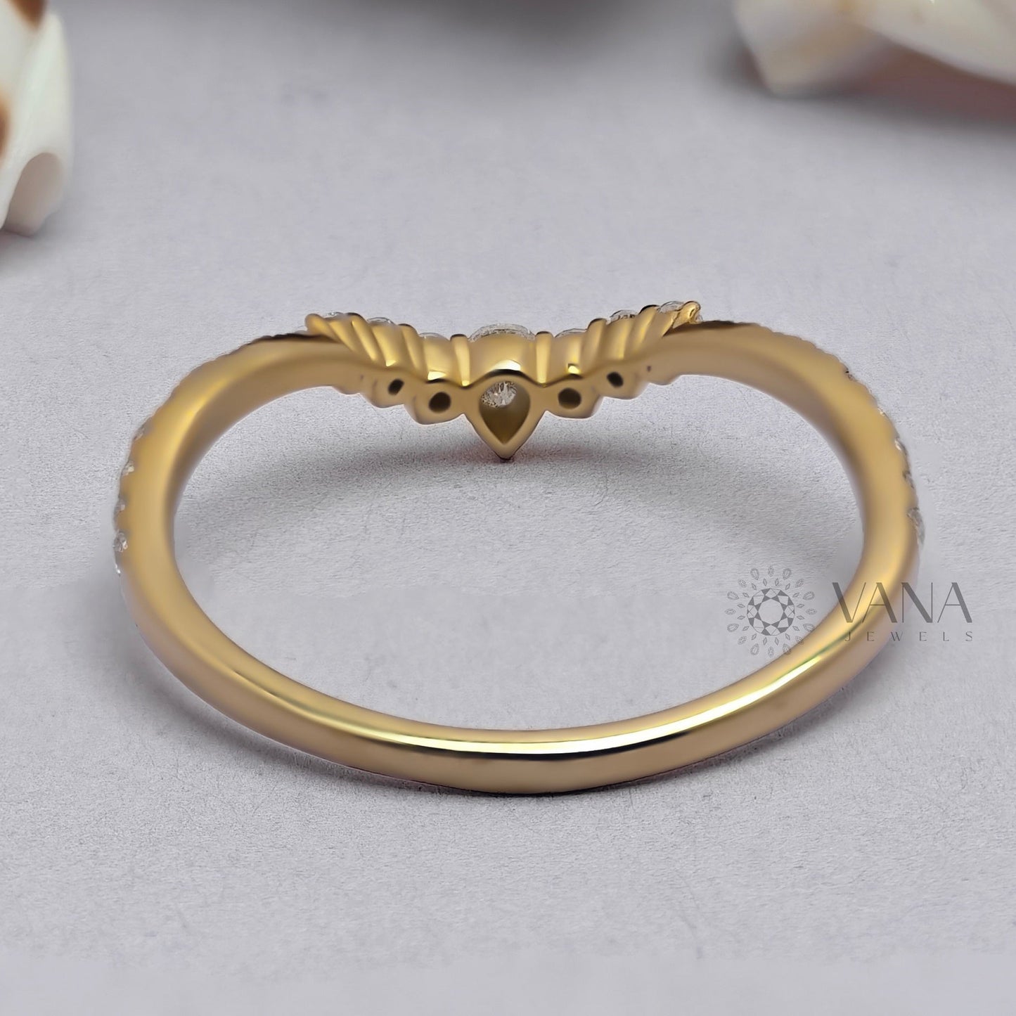 V Shaped Chevron Wedding Band with Pear and Round Cut Moissanite Ring