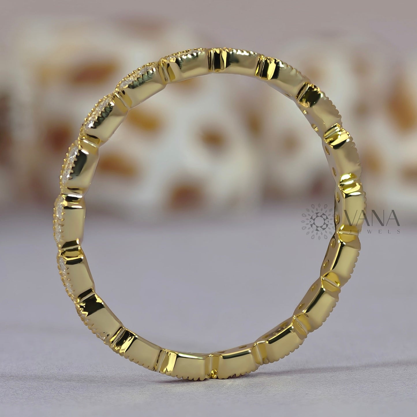 Round Cut Moissanite Eternity Band with Milgrain Bezel Setting in Gold
