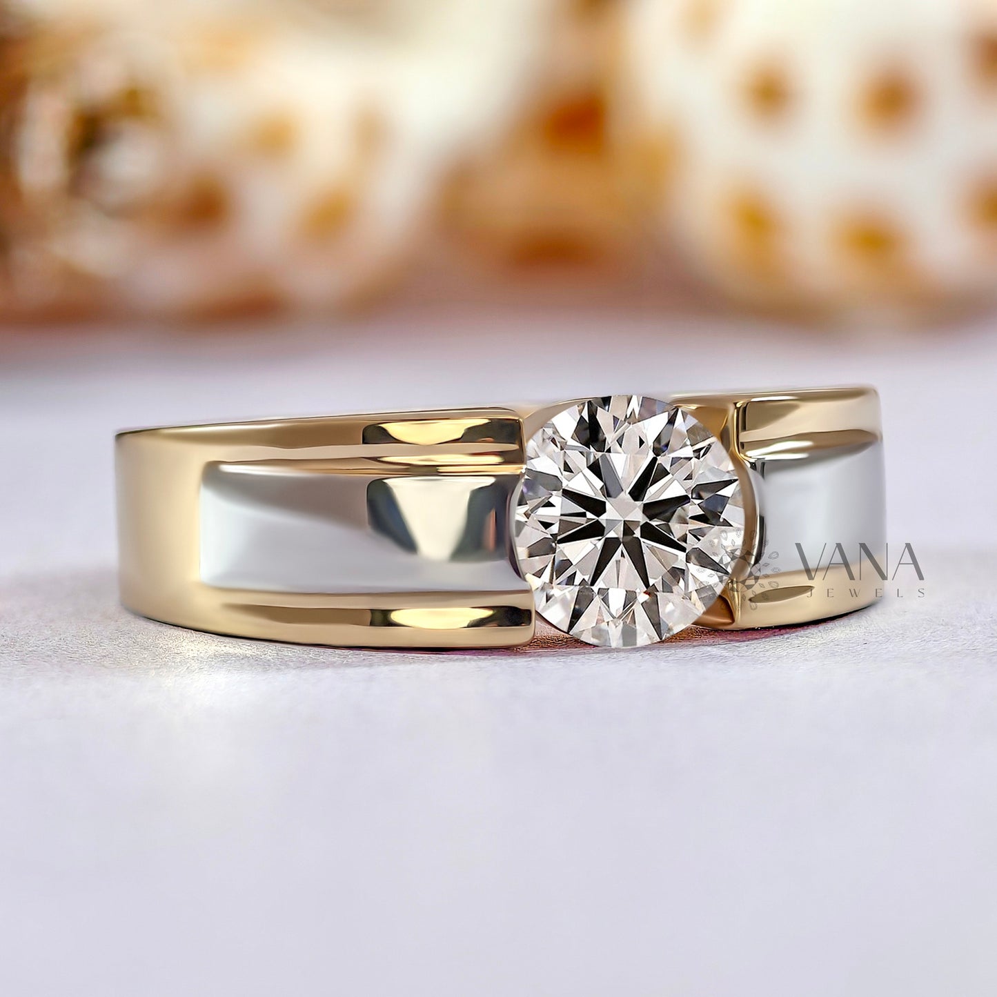 Round Cut Moissanite Wide Band Two Tone Gold Wedding Ring for Him