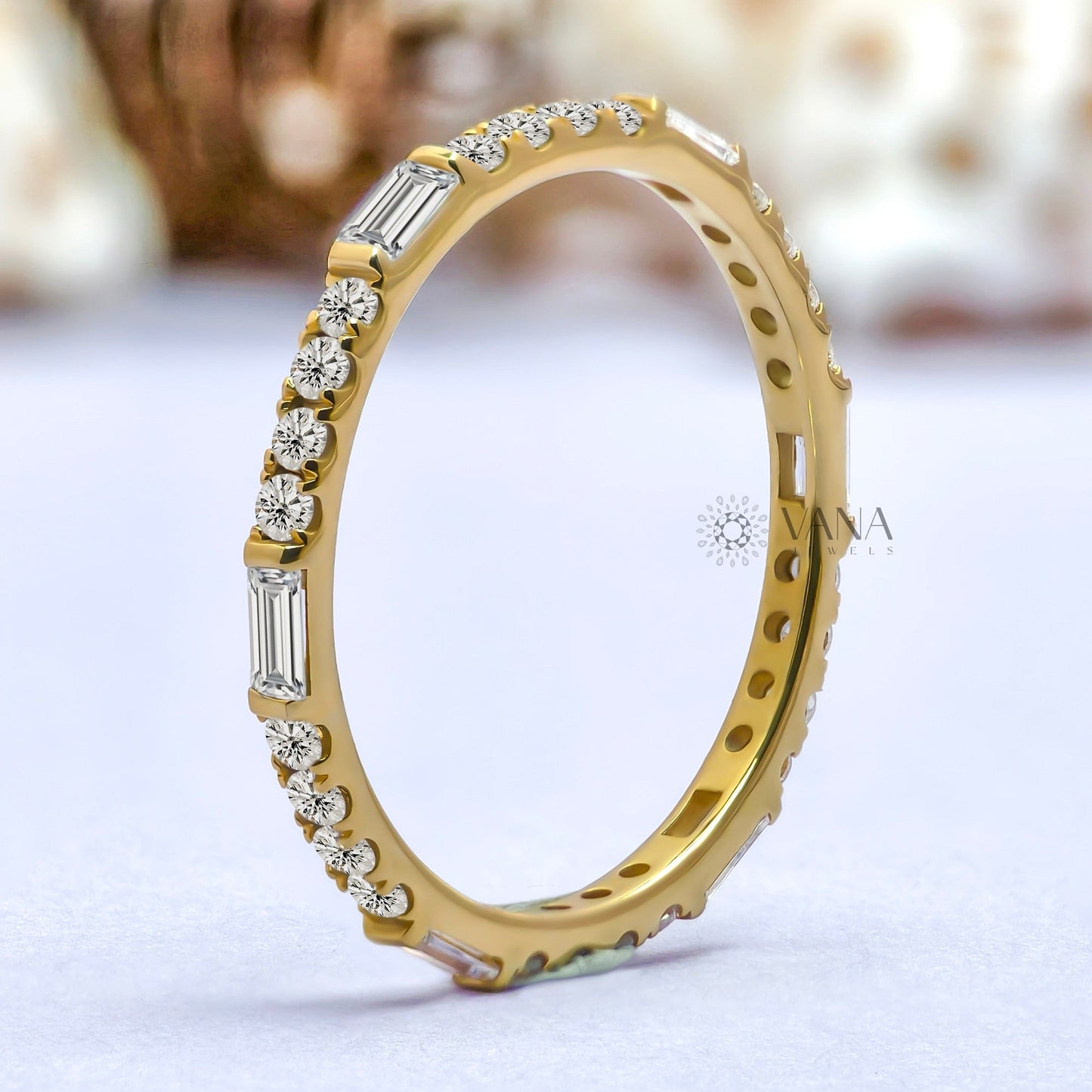Baguette and Round Cut Moissanite Stackable Wedding Band in Yellow Gold
