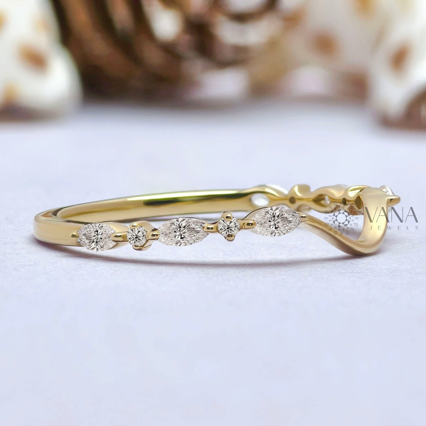 Curved Marquise and Round Moissanite Chevron Wedding Band in Solid Gold