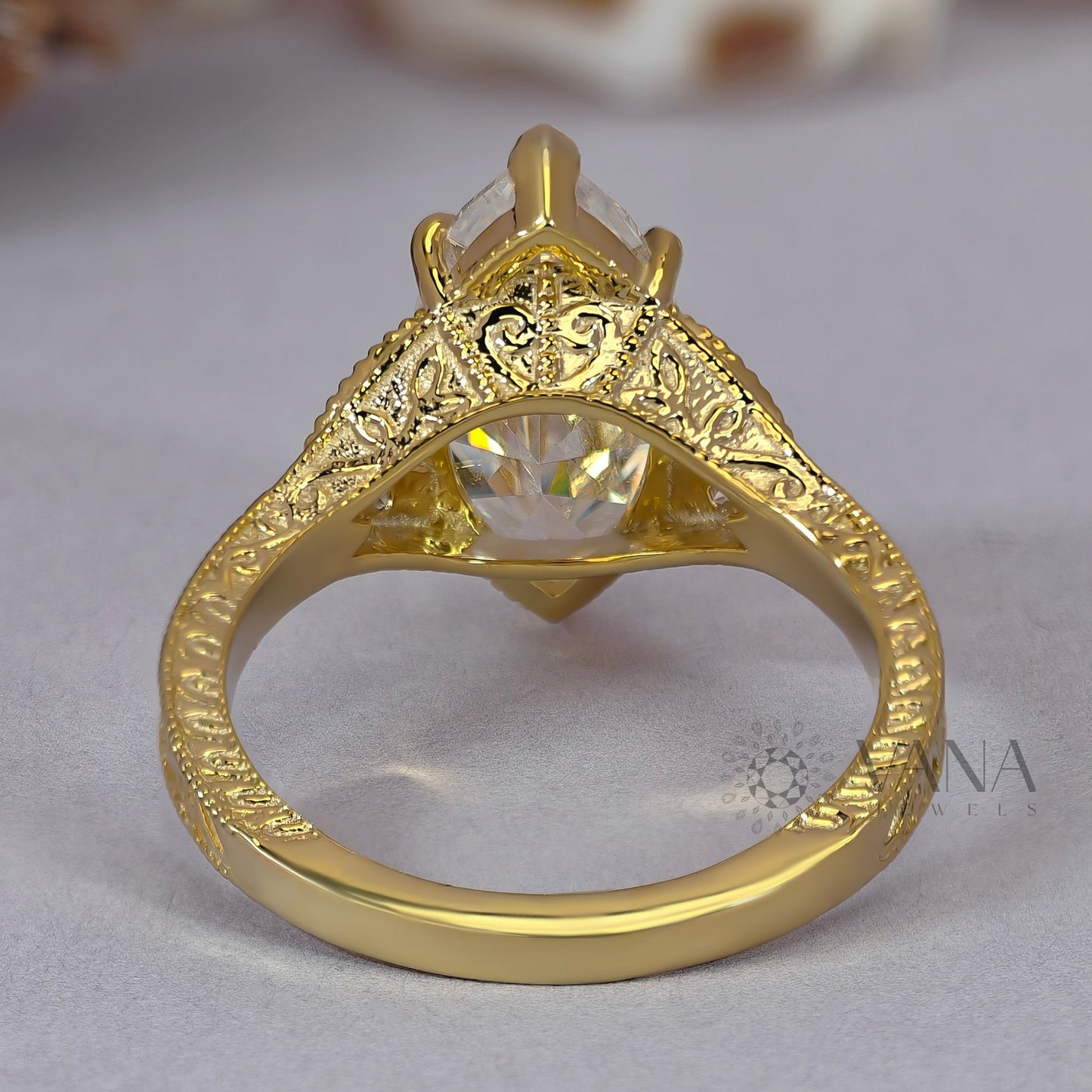 Victorian Marquise cut Moissanite Engagement Ring in Solid Gold Engraved Wedding Ring