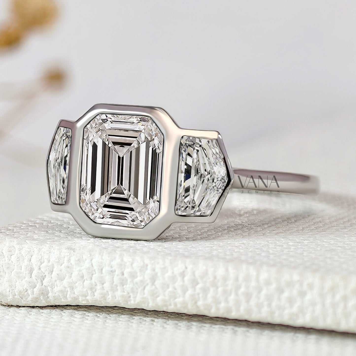 Three Stone Emerald Cut Lab-Grown Diamond Engagement Ring with Side Cadillac Stone