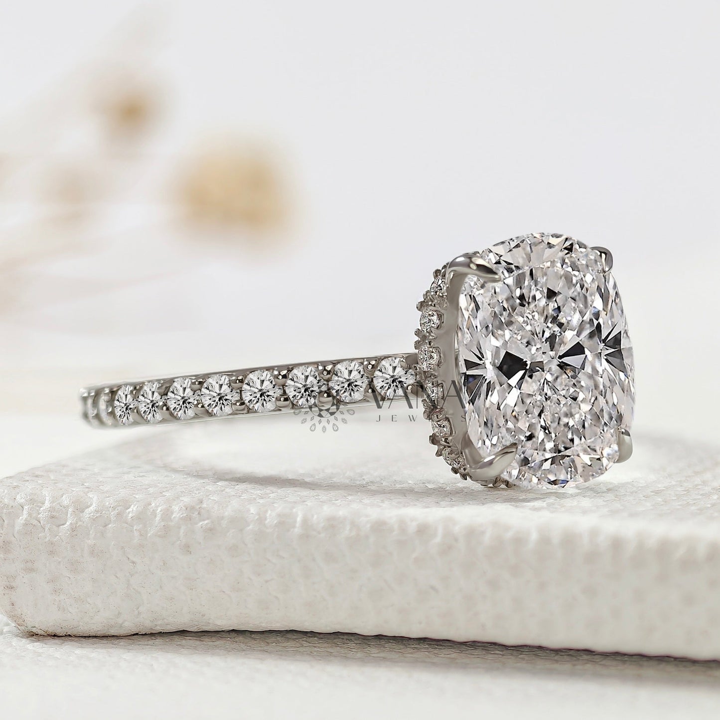 Elongated Cushion Cut Lab-Grown Diamond Engagement Ring with Hidden Halo