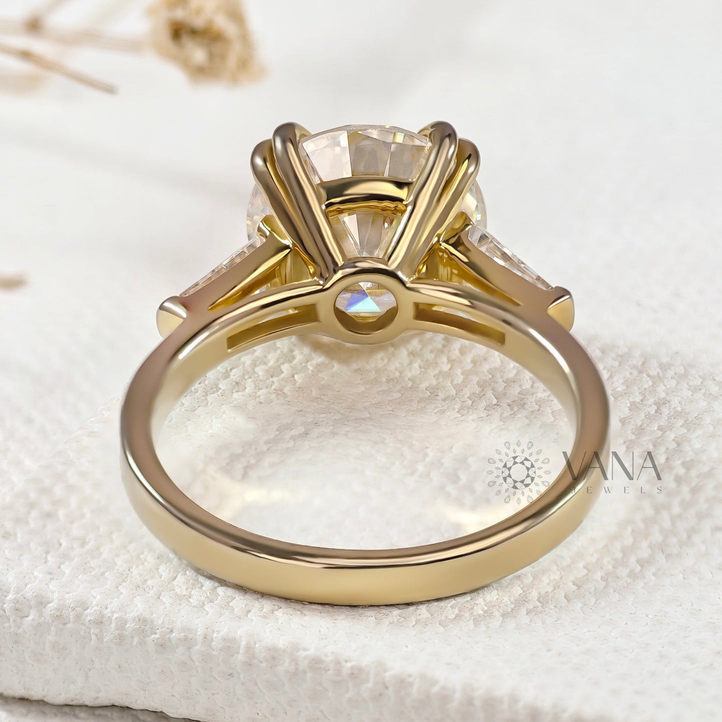 Round Lab-Grown Diamond Three Stone Engagement Ring with Tapered Baguette Sides