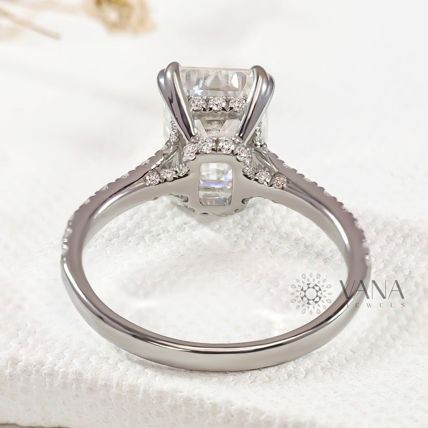 Lab-Grown Emerald Cut Diamond Engagement Ring with Hidden Halo & Pave Setting