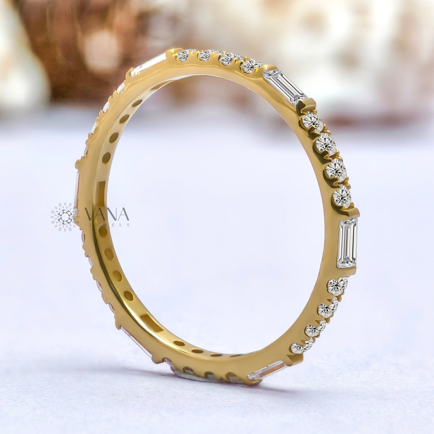 Baguette and Round Cut Moissanite Stackable Wedding Band in Yellow Gold
