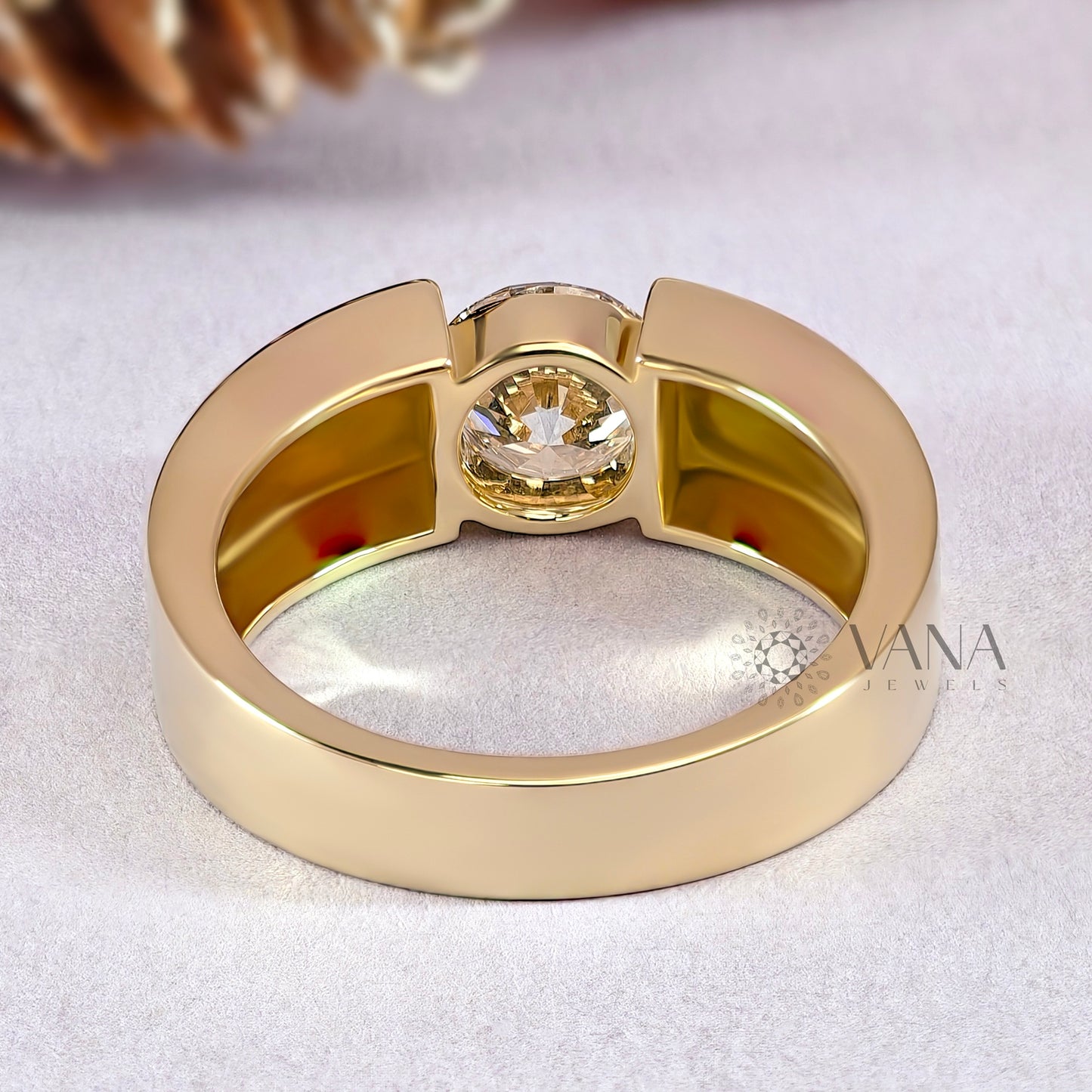 Round Cut Moissanite Wide Band Two Tone Gold Wedding Ring for Him