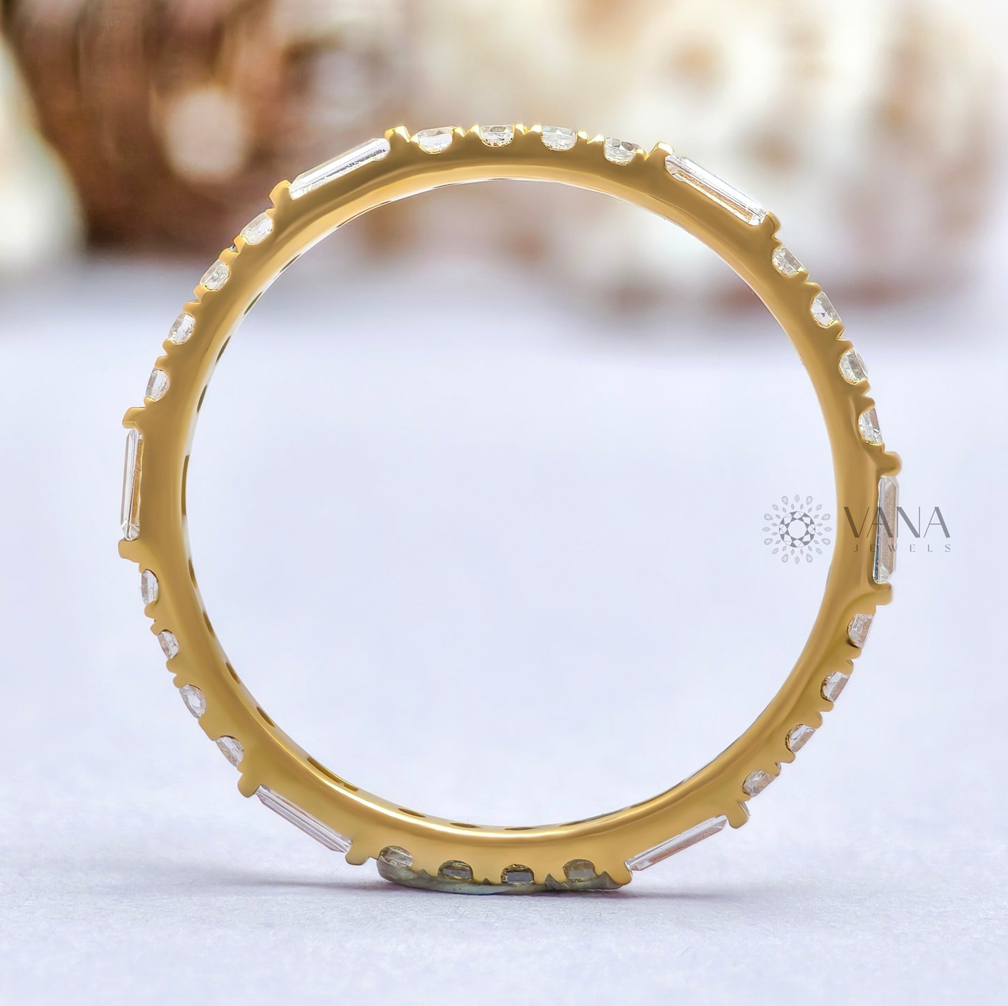 Baguette and Round Cut Moissanite Stackable Wedding Band in Yellow Gold