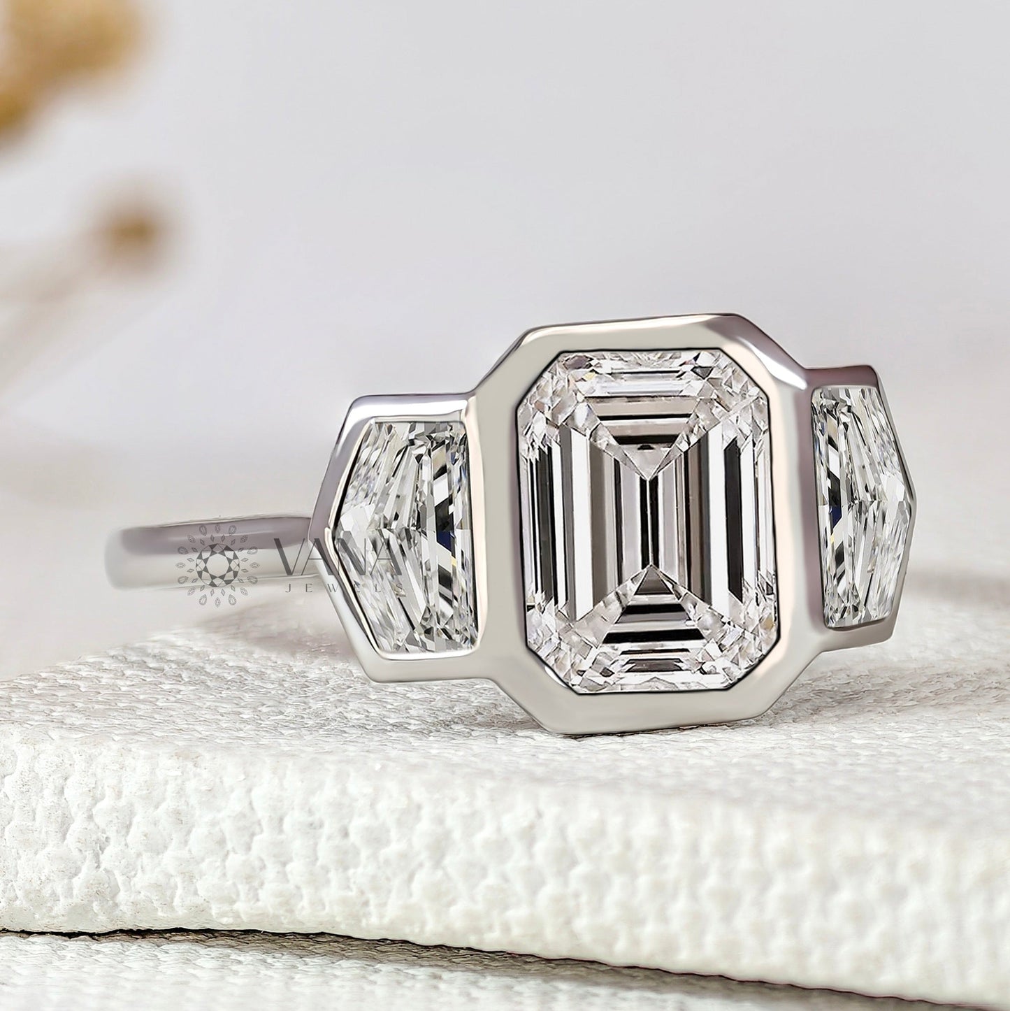 Three Stone Emerald Cut Lab-Grown Diamond Engagement Ring with Side Cadillac Stone