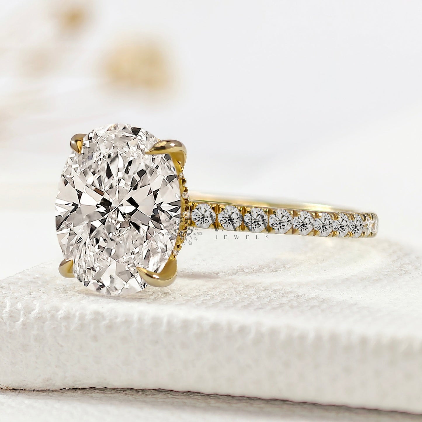 Oval Cut Lab-Grown Diamond Engagement Ring with Hidden Halo and Pave Setting