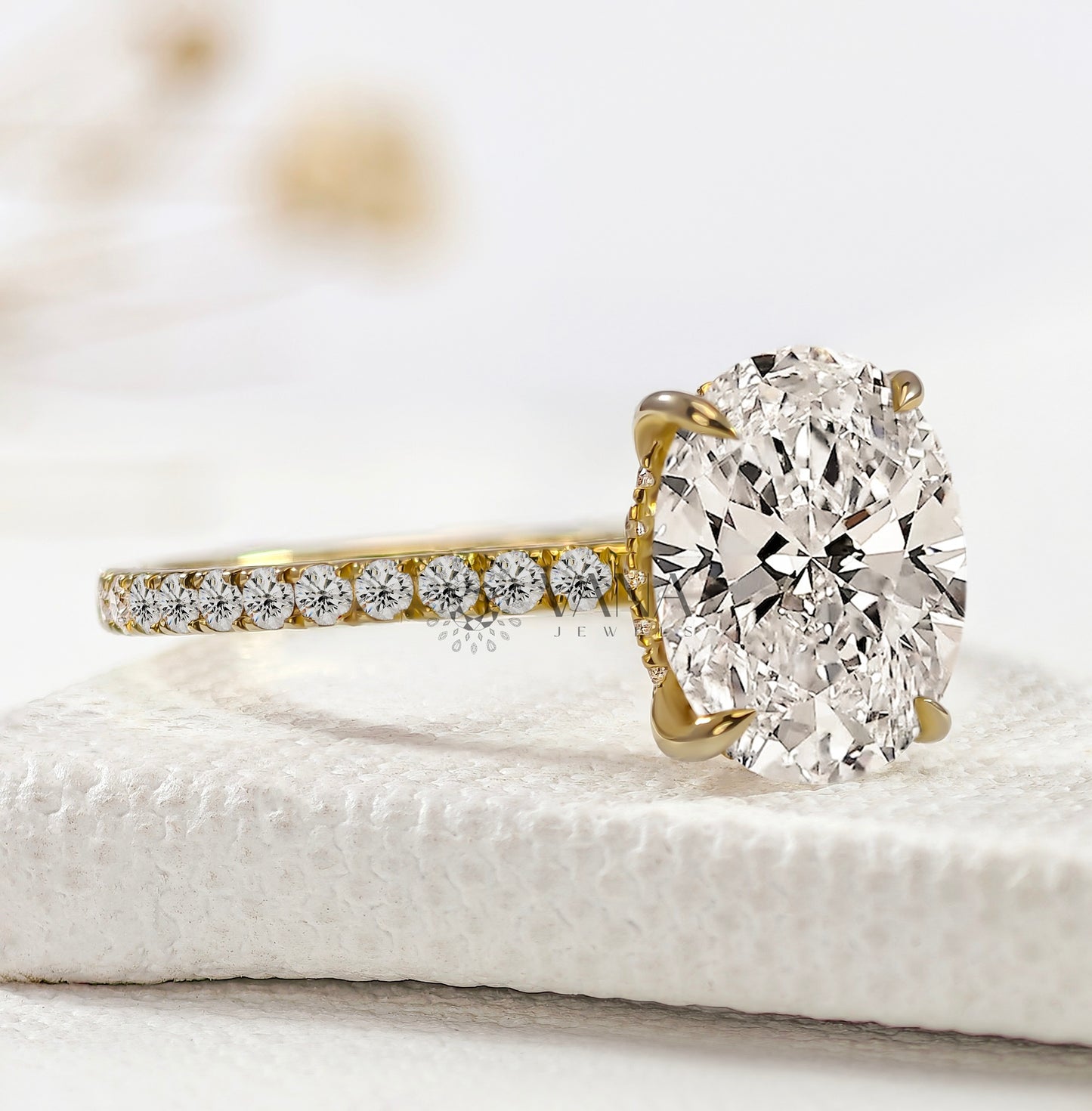 Oval Cut Lab-Grown Diamond Engagement Ring with Hidden Halo and Pave Setting