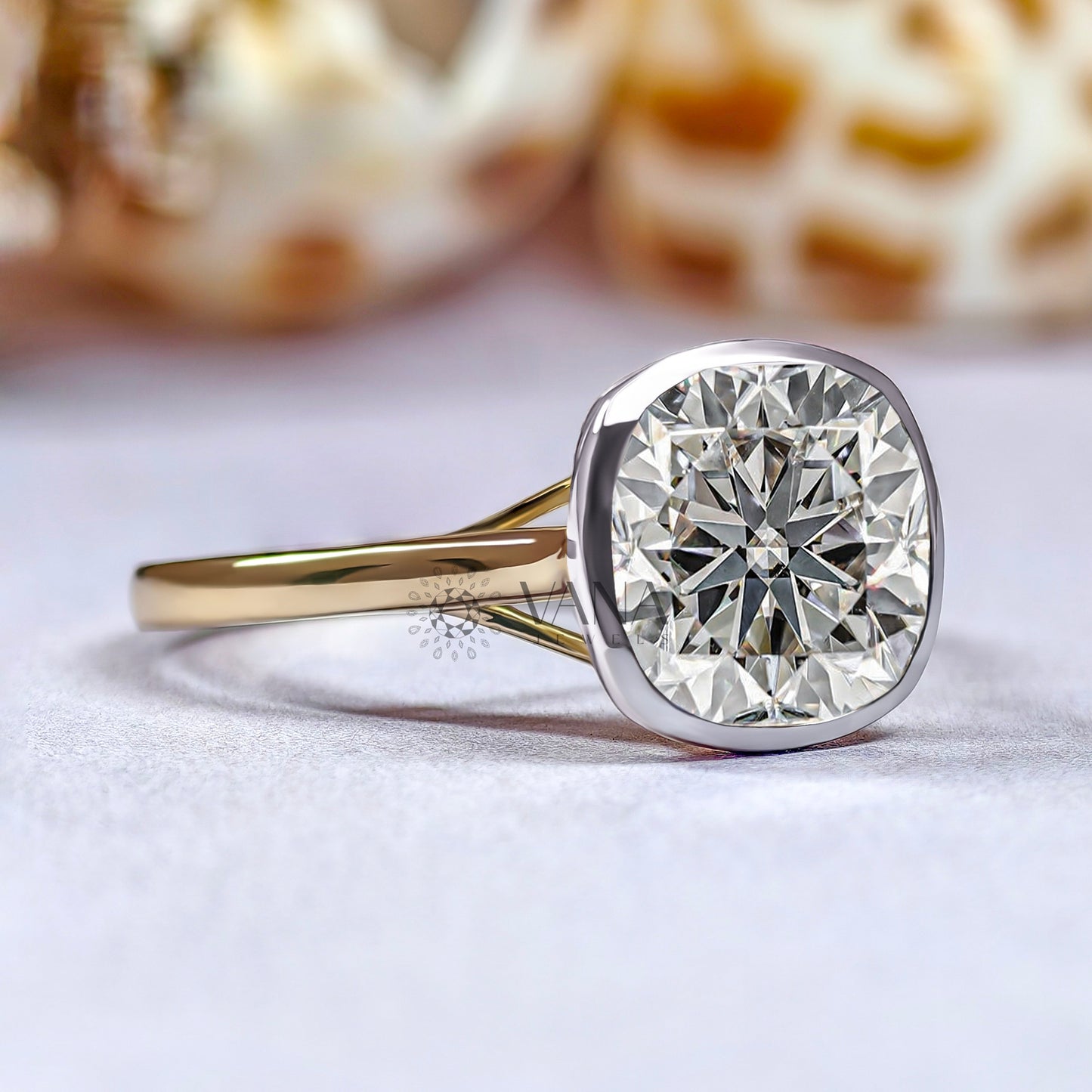 Cushion Cut Moissanite Solitaire Engagement Ring in 14K Yellow Gold