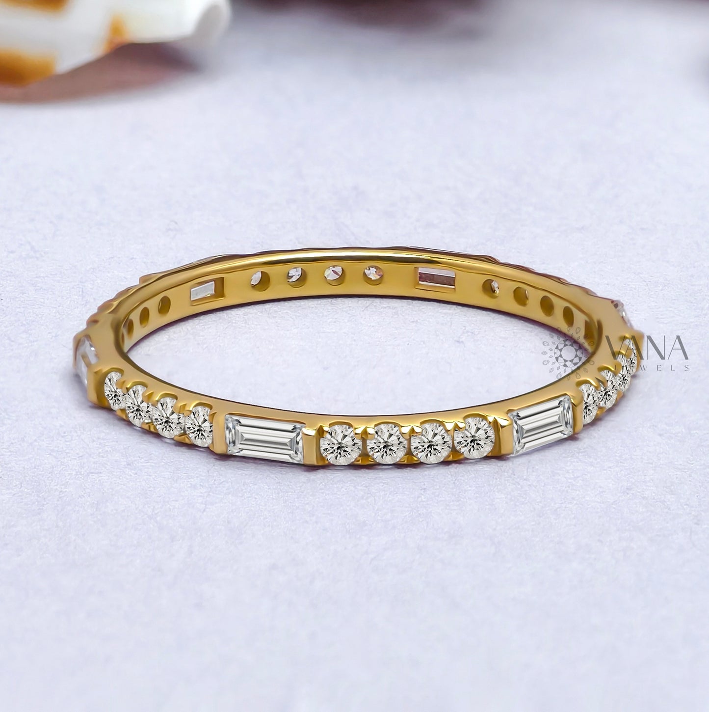 Baguette and Round Cut Moissanite Stackable Wedding Band in Yellow Gold