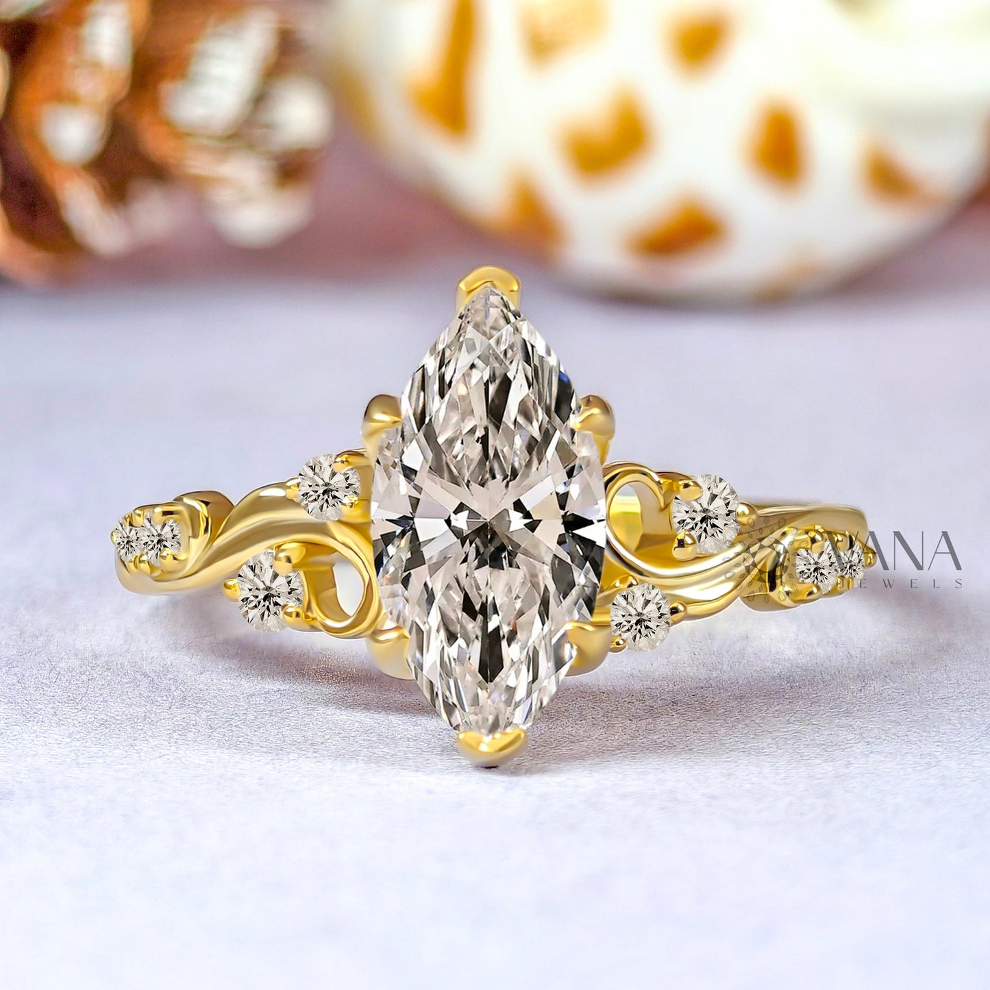 Unique Marquise Cut Moissanite Fairy Flower Engagement Ring Art Deco Style