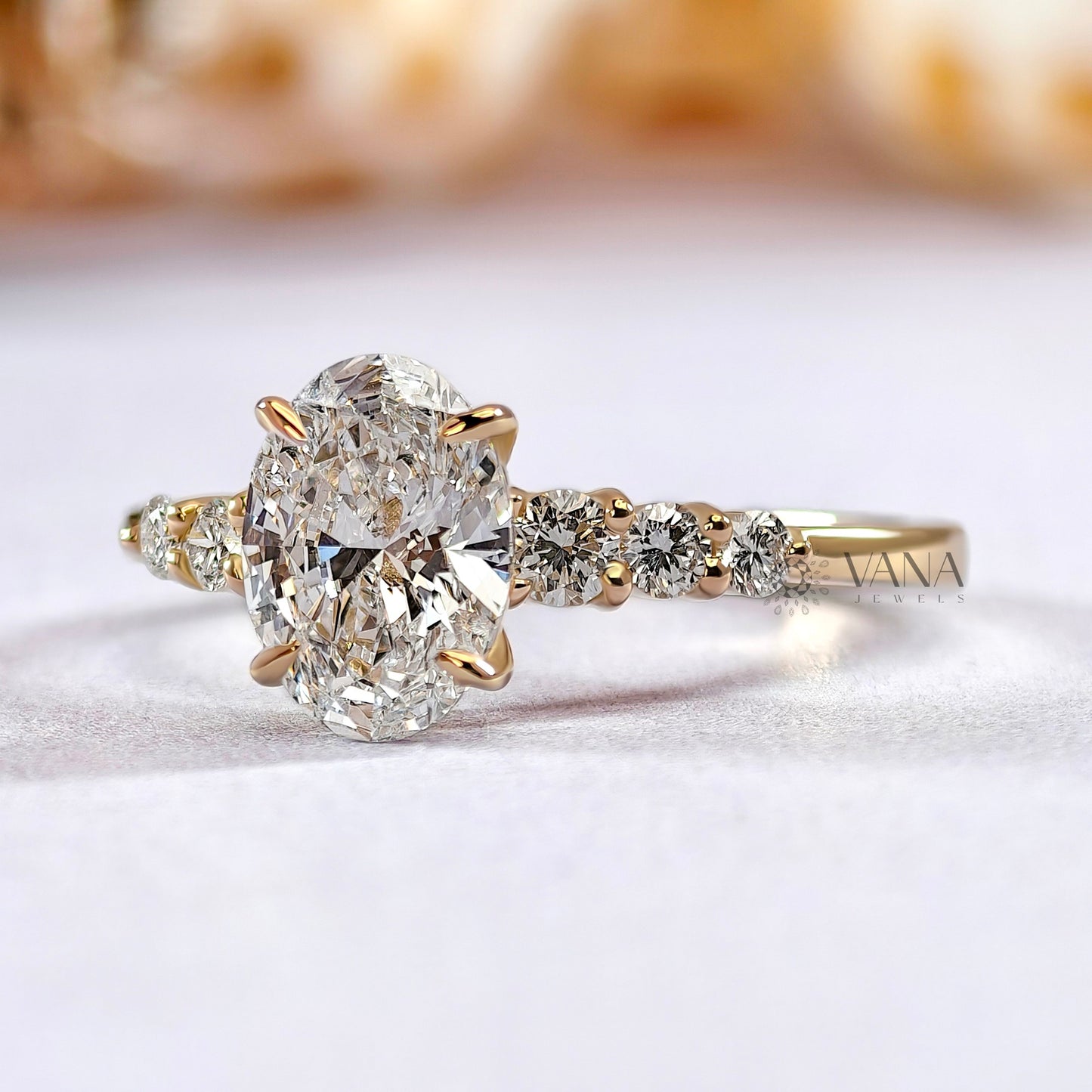 Oval Moissanite Engagement Ring with Round Side Stone Wedding Ring