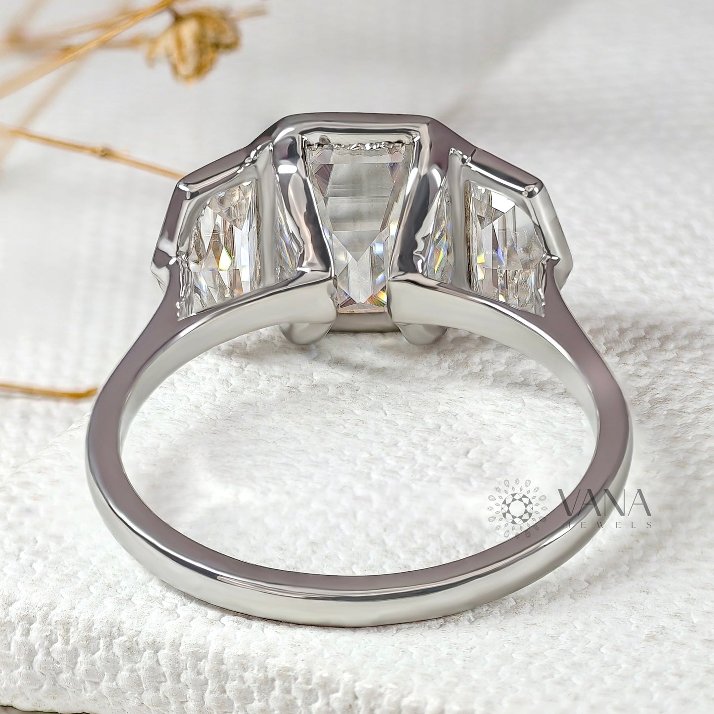 Three Stone Emerald Cut Lab-Grown Diamond Engagement Ring with Side Cadillac Stone