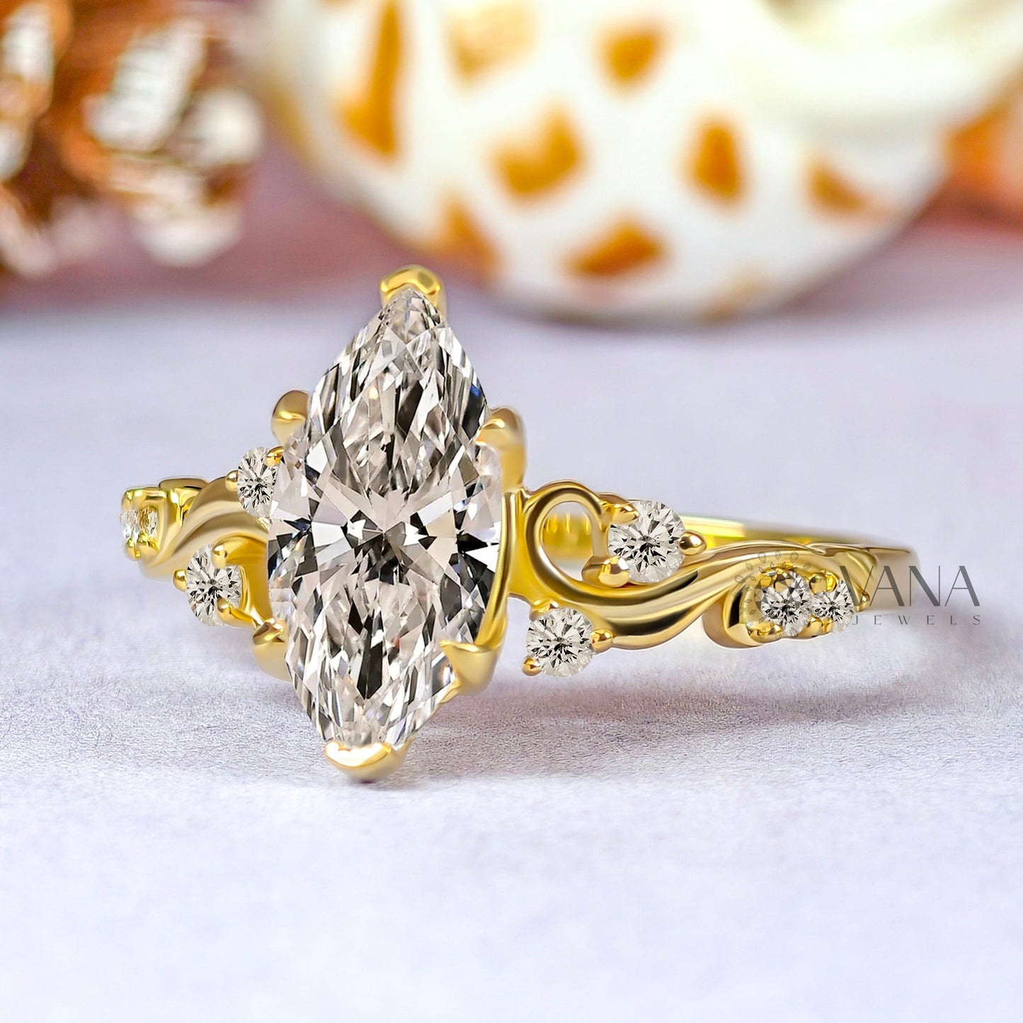 Unique Marquise Cut Moissanite Fairy Flower Engagement Ring Art Deco Style