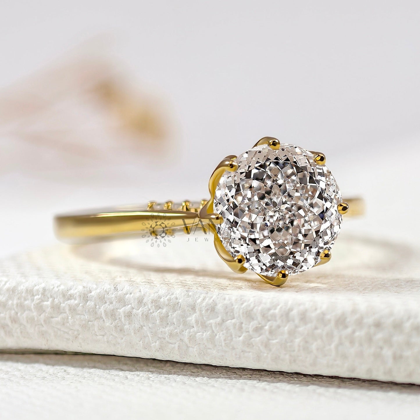 Antique Portuguese Cut Lab-Grown Diamond Engagement Ring, Tulip Basket Cathedral Setting