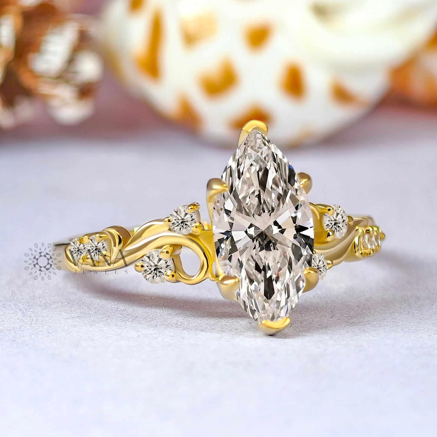 Unique Marquise Cut Moissanite Fairy Flower Engagement Ring Art Deco Style