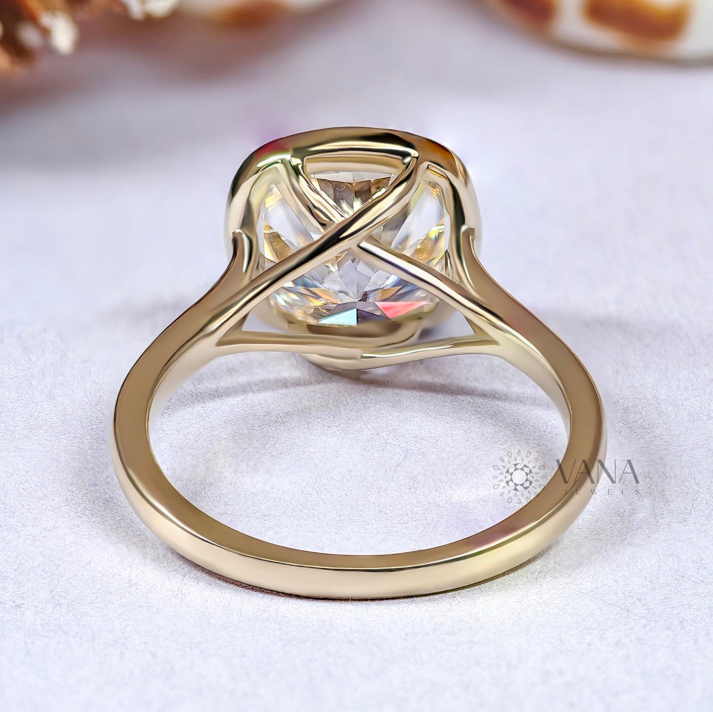 Cushion Cut Moissanite Solitaire Engagement Ring in 14K Yellow Gold