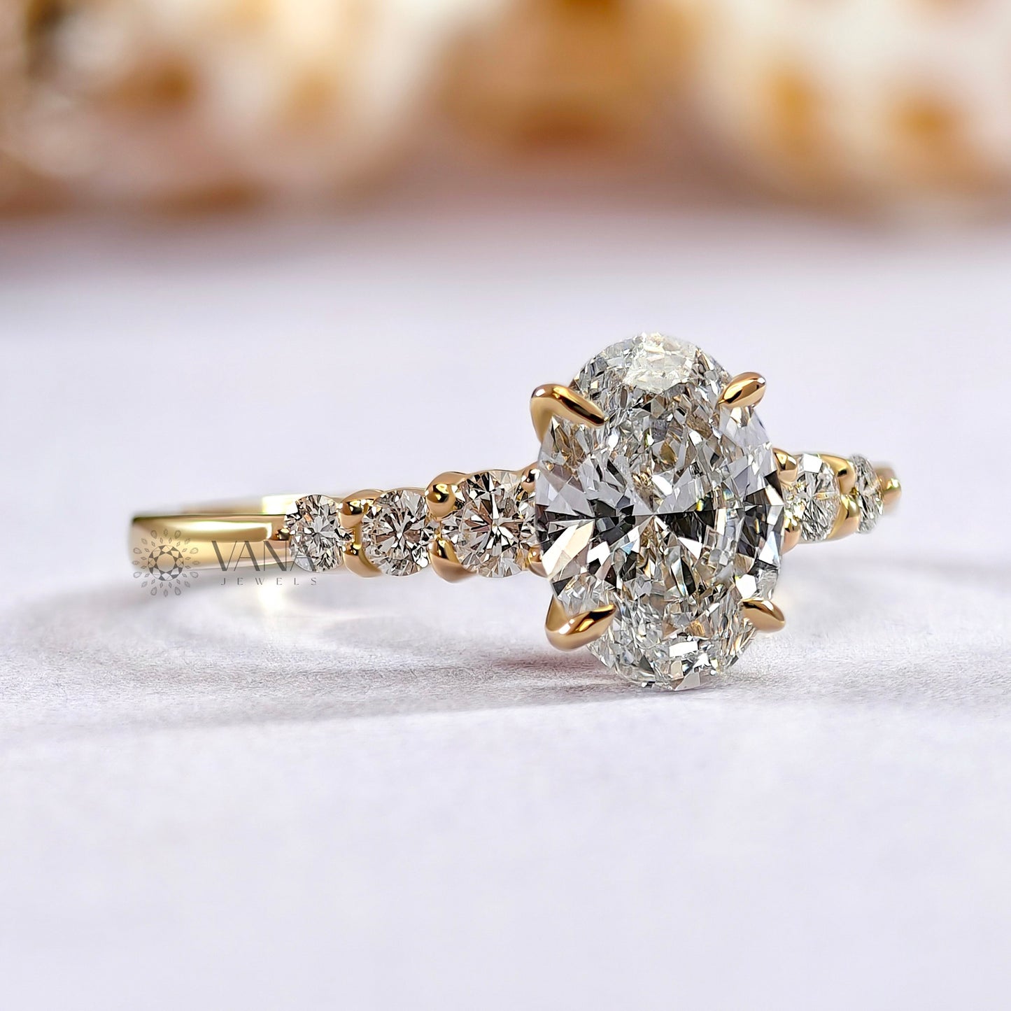 Oval Moissanite Engagement Ring with Round Side Stone Wedding Ring