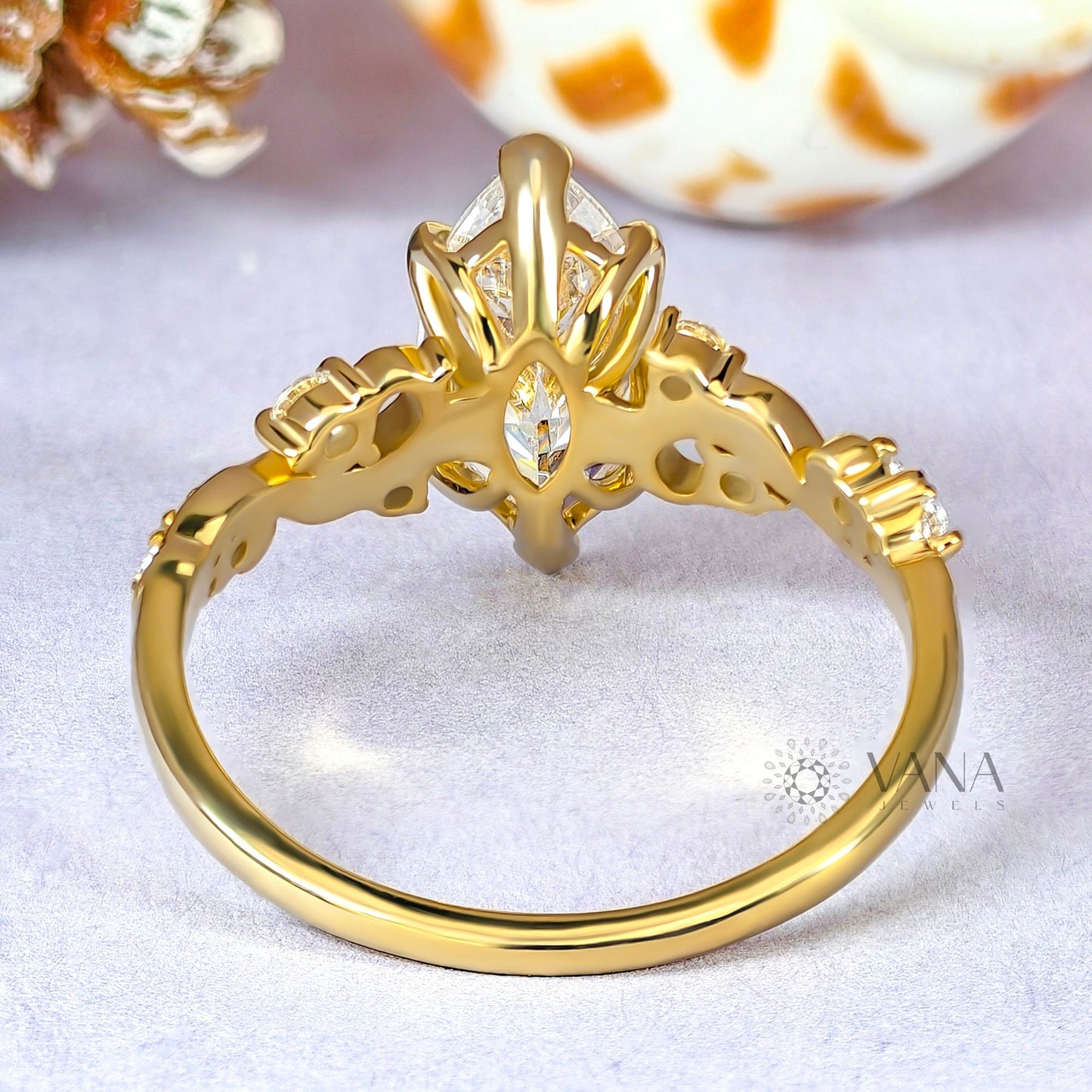 Unique Marquise Cut Moissanite Fairy Flower Engagement Ring Art Deco Style