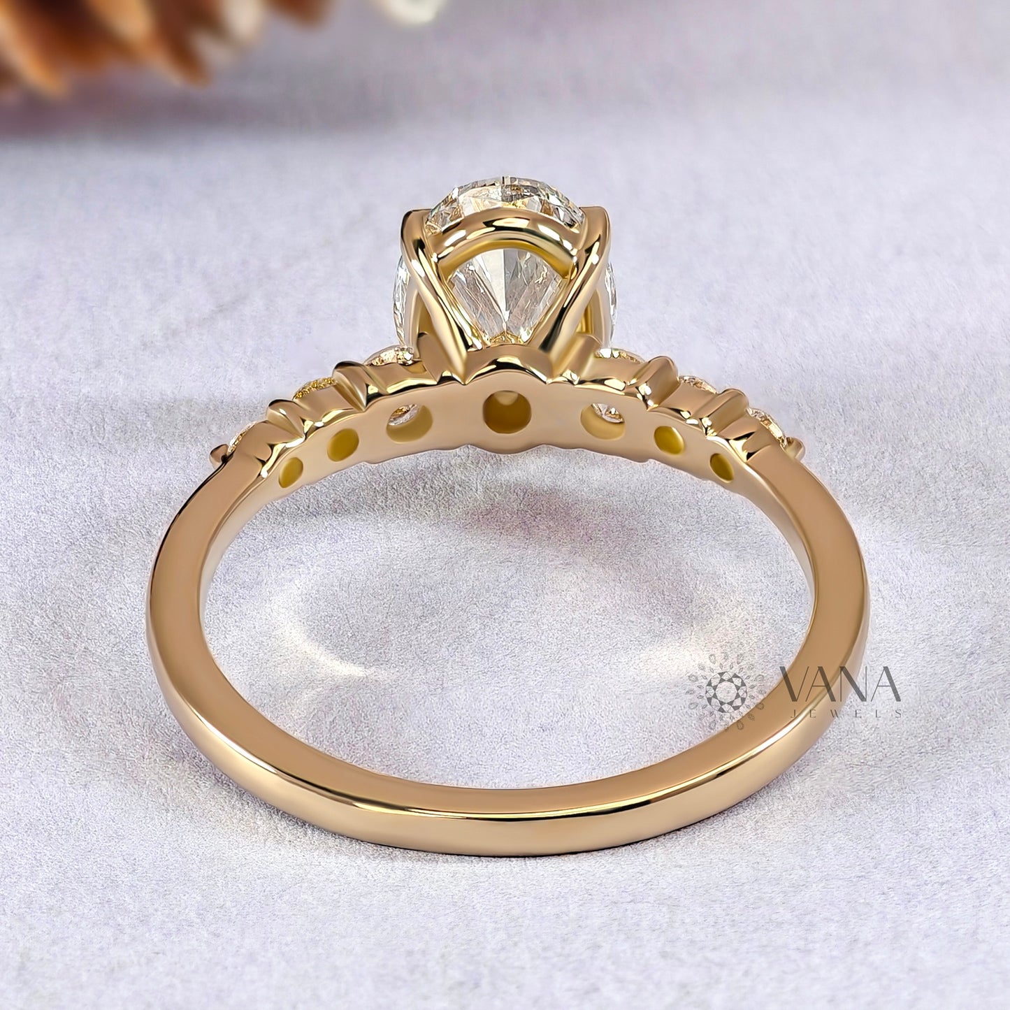 Oval Moissanite Engagement Ring with Round Side Stone Wedding Ring