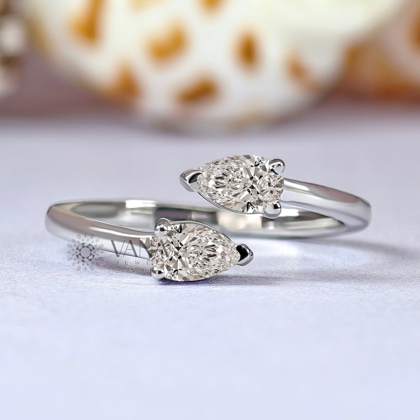 White Gold Pear Cut Moissanite Toi Et Moi Wedding Band with Bypass Shank