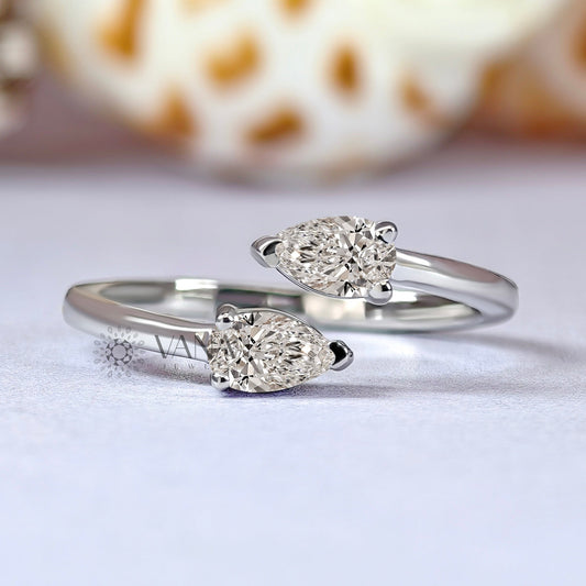 White Gold Pear Cut Moissanite Toi Et Moi Wedding Band with Bypass Shank