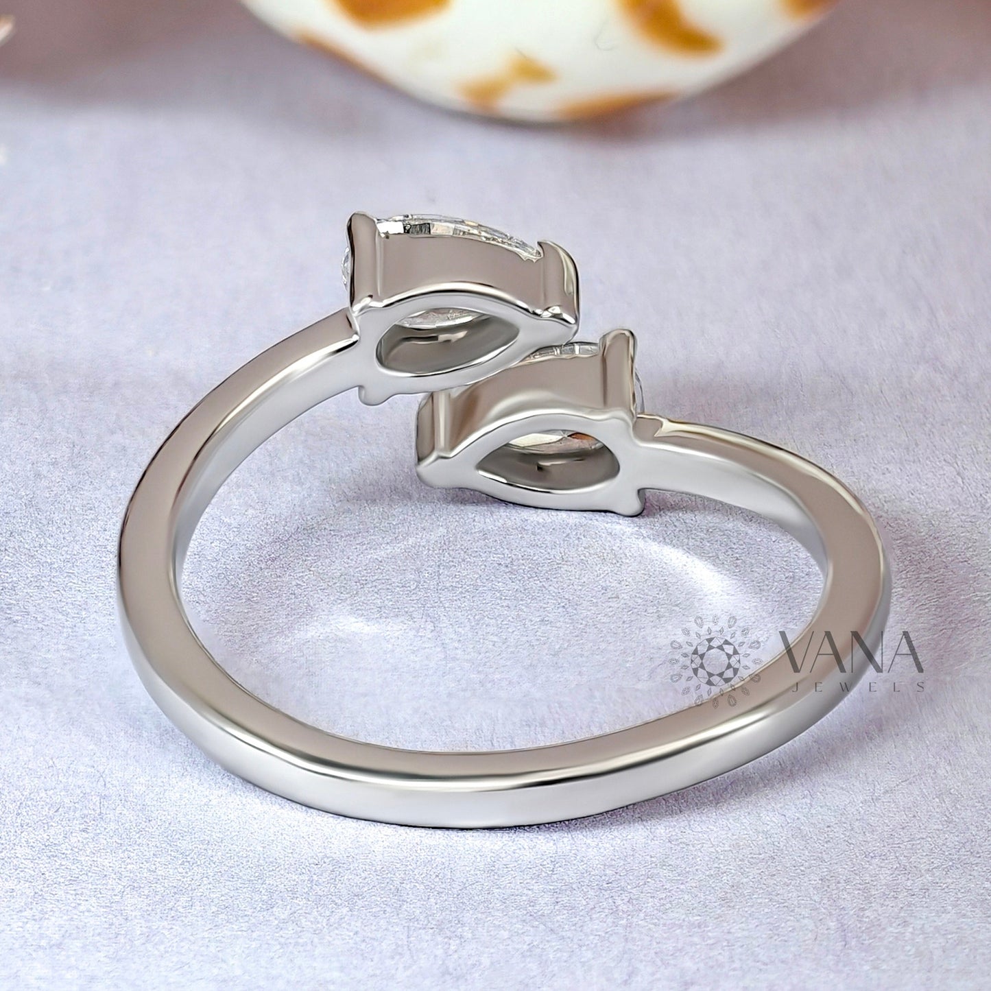 White Gold Pear Cut Moissanite Toi Et Moi Wedding Band with Bypass Shank
