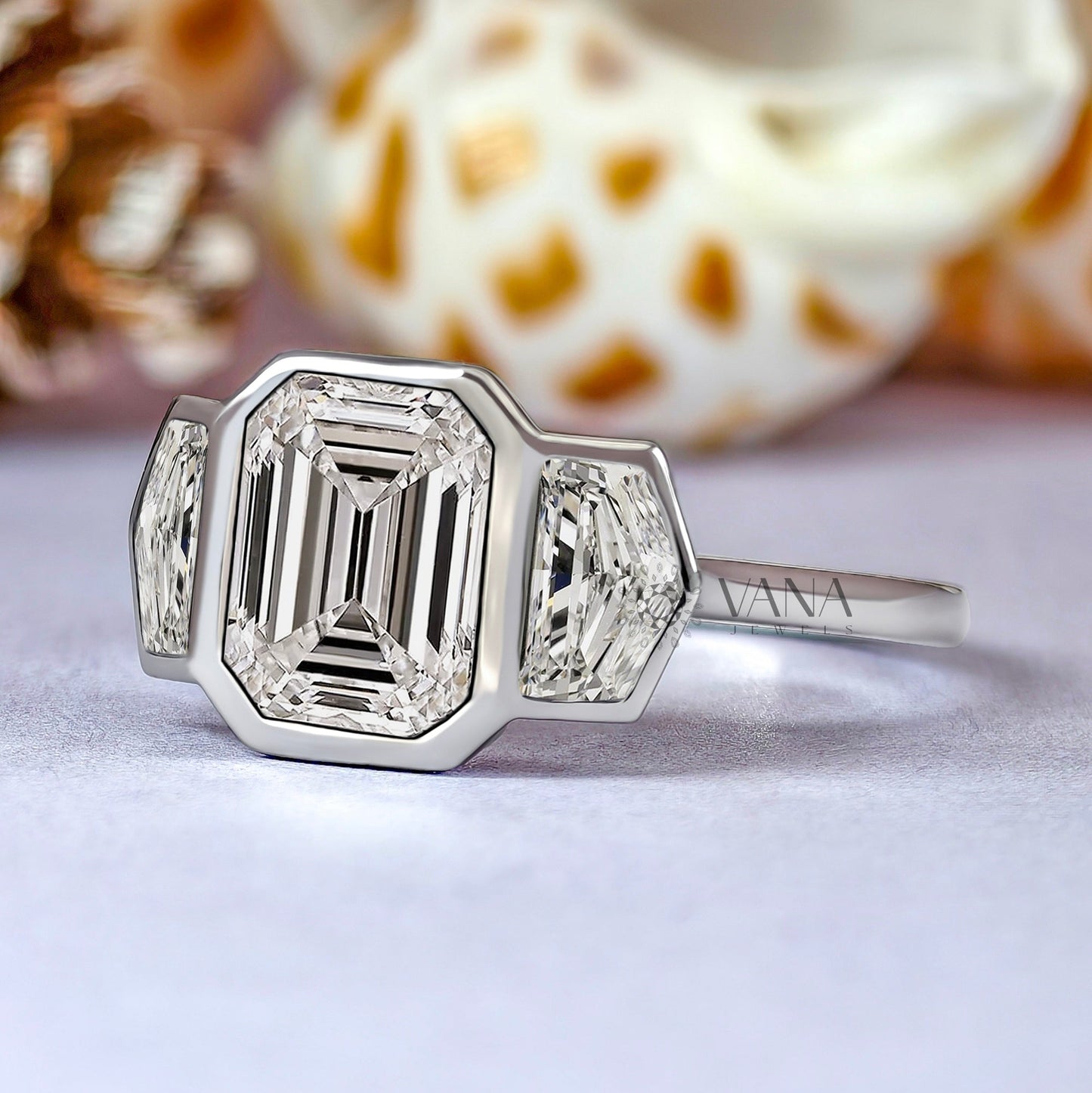 Bezel Set Emerald Cut Moissanite Three Stone Engagement Ring with Cadillac Side Stones