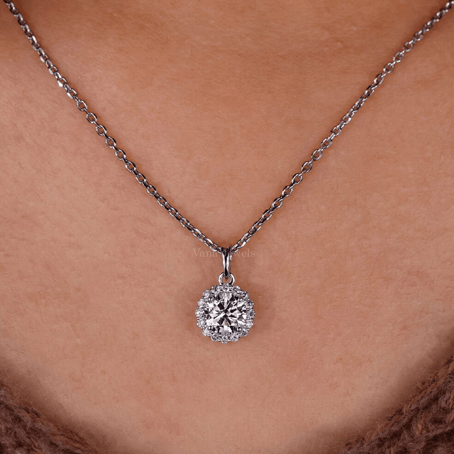 Unique 1.00 TCW Round Lab Grown Diamond Halo Pendant - Vana Jewels