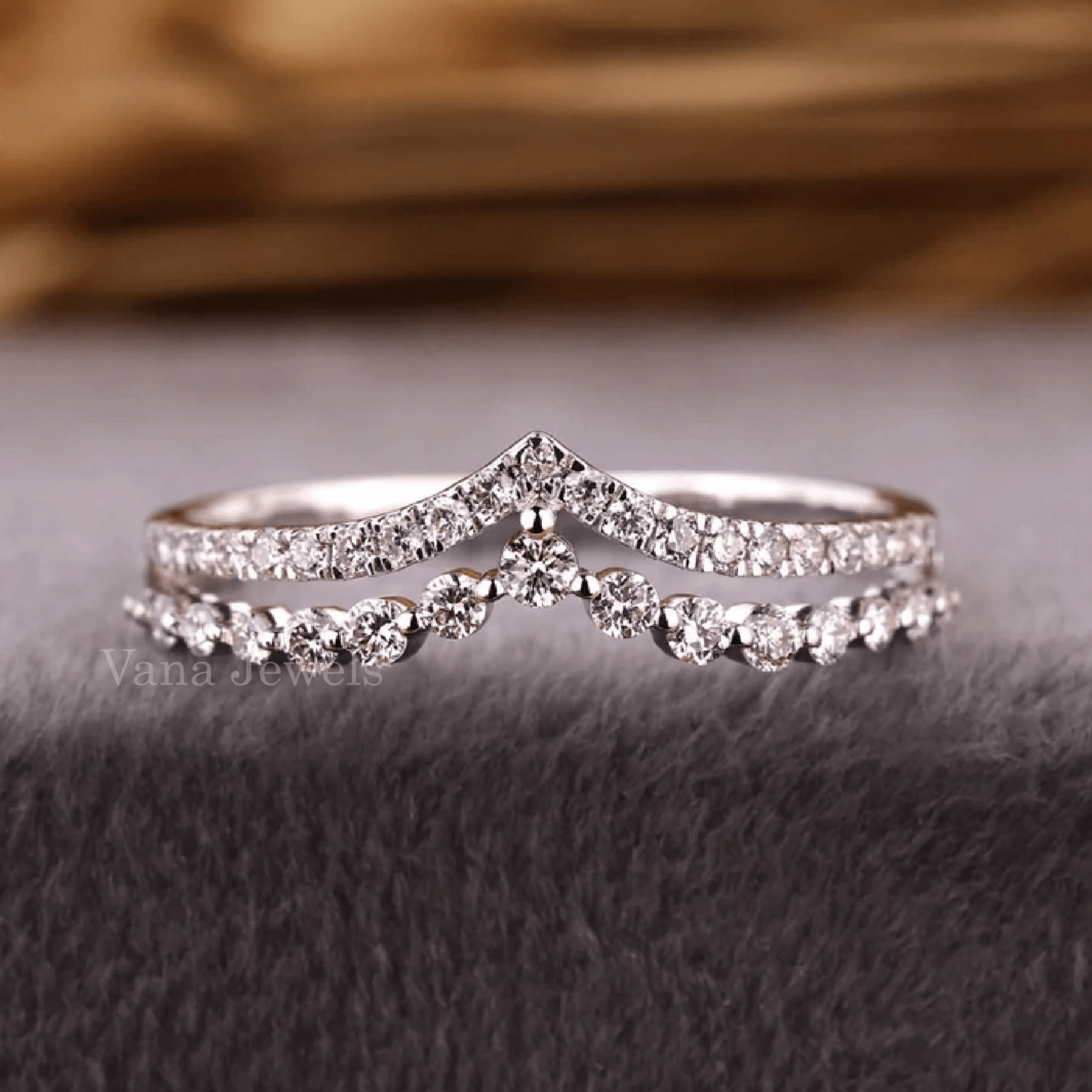 Double Band Wedding Ring Two Row Engagement Ring - Vana Jewels