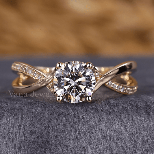 Round Cut Lab Grown Engagement Ring With Twisted Wedding Band - Vana Jewels