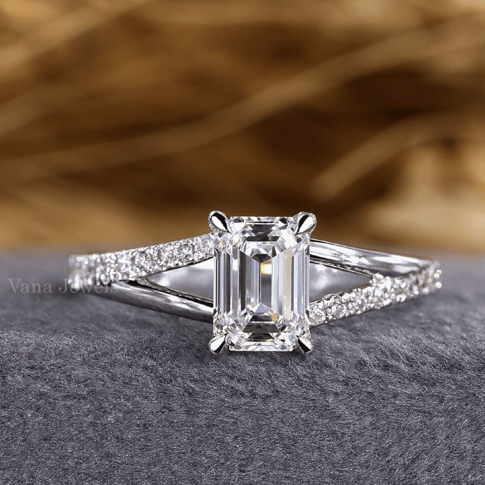 Split Shank Emerald Cut Lab Grown Diamond Engagement Ring - Vana Jewels