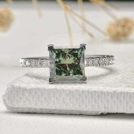 Green Princess Cut Lab Grown Diamond Engagement Ring - Pave Setting
