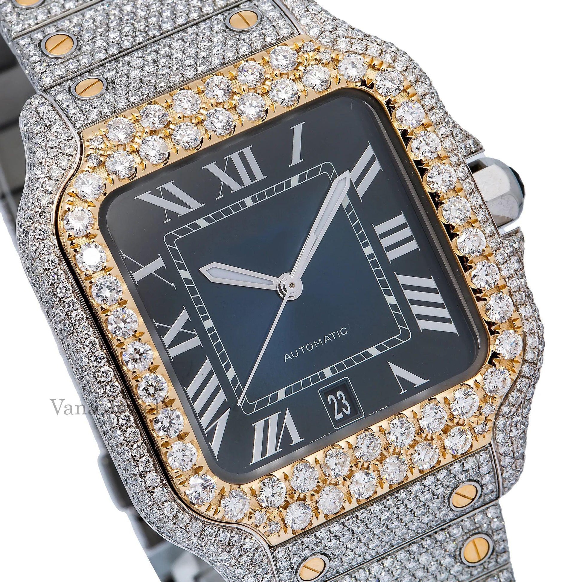 Blue Dial Two Tone Yellow Gold VVS Moissanite Diamond Watch - Vana Jewels