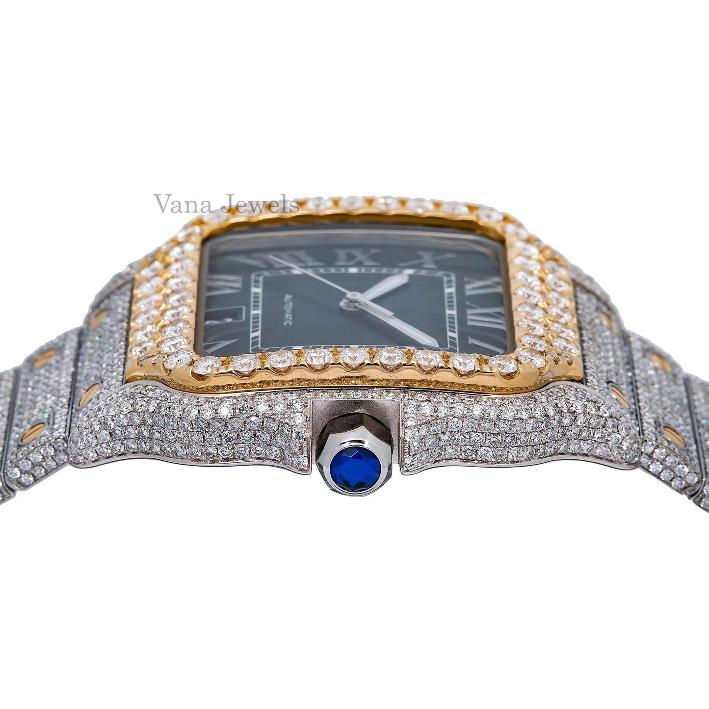 Blue Dial Two Tone Yellow Gold VVS Moissanite Diamond Watch - Vana Jewels