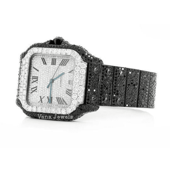 Luxury Iced Out White & Black Round Cut Moissanite Diamond Watch - Vana Jewels